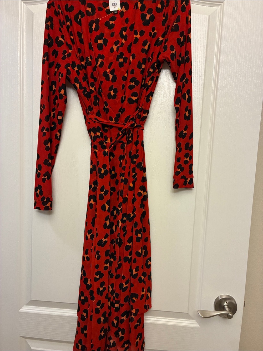 NWOT Cabi Red Leopard Print Wrap Dress, size medium